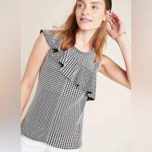 Anthropologie Dolan Black White Houndstooth Sleeveless Ruffle Sleeveless Top S